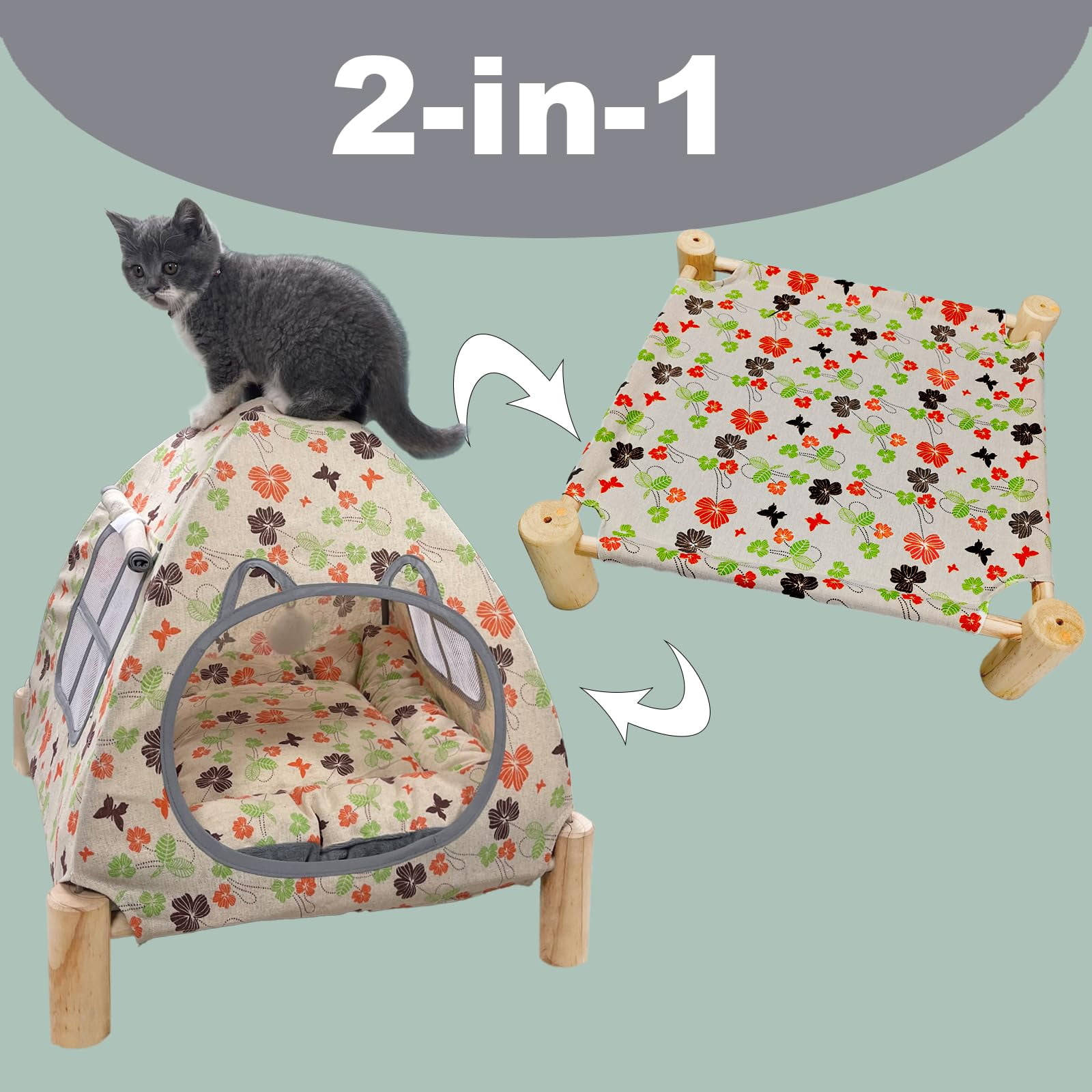 Nockovi 2-in-1 Cat Tent Wooden Frame Cat Bed Cat Hammock, quick assembly and disassembly, portable indoor/outdoor pet tent house for cats, puppies and other small animals-Butterfly and Flower