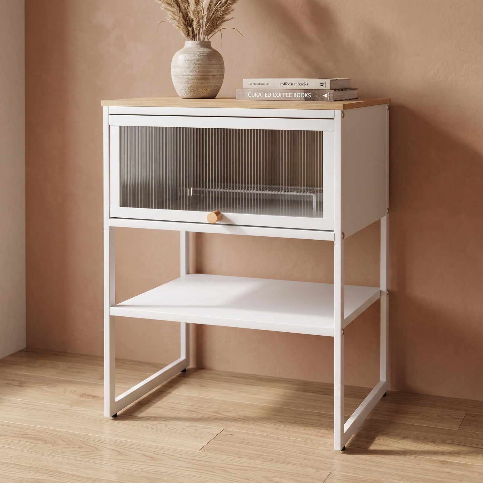 Furnibear 3-Tier Nightstand with Flip Up Fluted Door and Open Bottom Shelf plus Metal Frame for Small Spaces and Bedroom, White