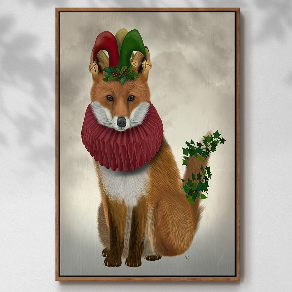 Christmas Holly and Ivy Fox - Framed Gallery Wrapped Holiday Canvas - 17 x 25 - Rosewood Frame