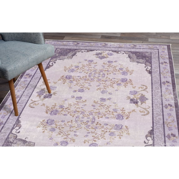 Rose Turkish Area Rug, Vintage Boho Oriental Culture Style Pattern of Swirling and Curlicue Flowers, Soft Carpet for Living Room Decor with Distressed Look, 2.6' x 5', Lilac Quartz Ecru, by Ambesonne