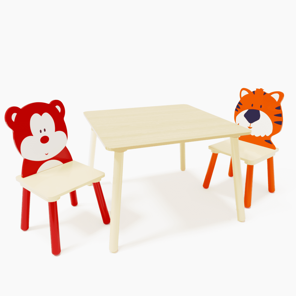 Hassch Children Kids Table and Chair Set (2 Chairs Included) - Ideal for Arts & Crafts, Snack Time, Homeschooling, Homework & More, Wooden Activity Play Table Set (Bear&Tiger)