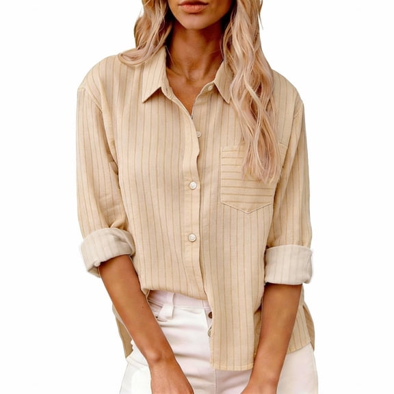 Business Casual Tops for Women, Yigetop Women's Casual Collared office Work Shirt Long Sleeve Button-Down Dress Blouses Work Tops Striped Button Down Shirt Women Beige L