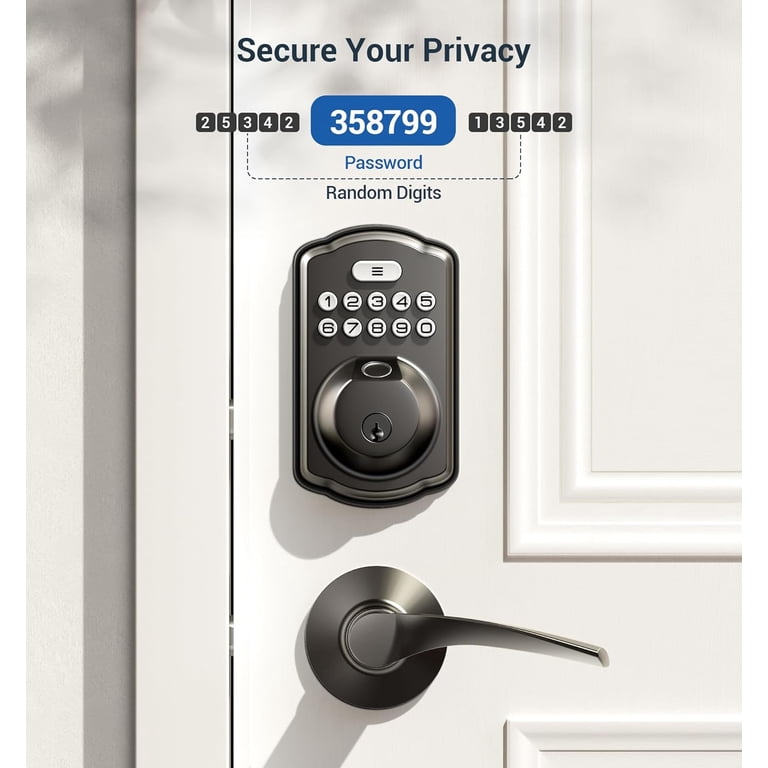 Veise Matte Black Fingerprint Door Lock - Keyless Entry Smart Lock With Keypad & 2 Lever Handles, Auto Lock, Easy Install