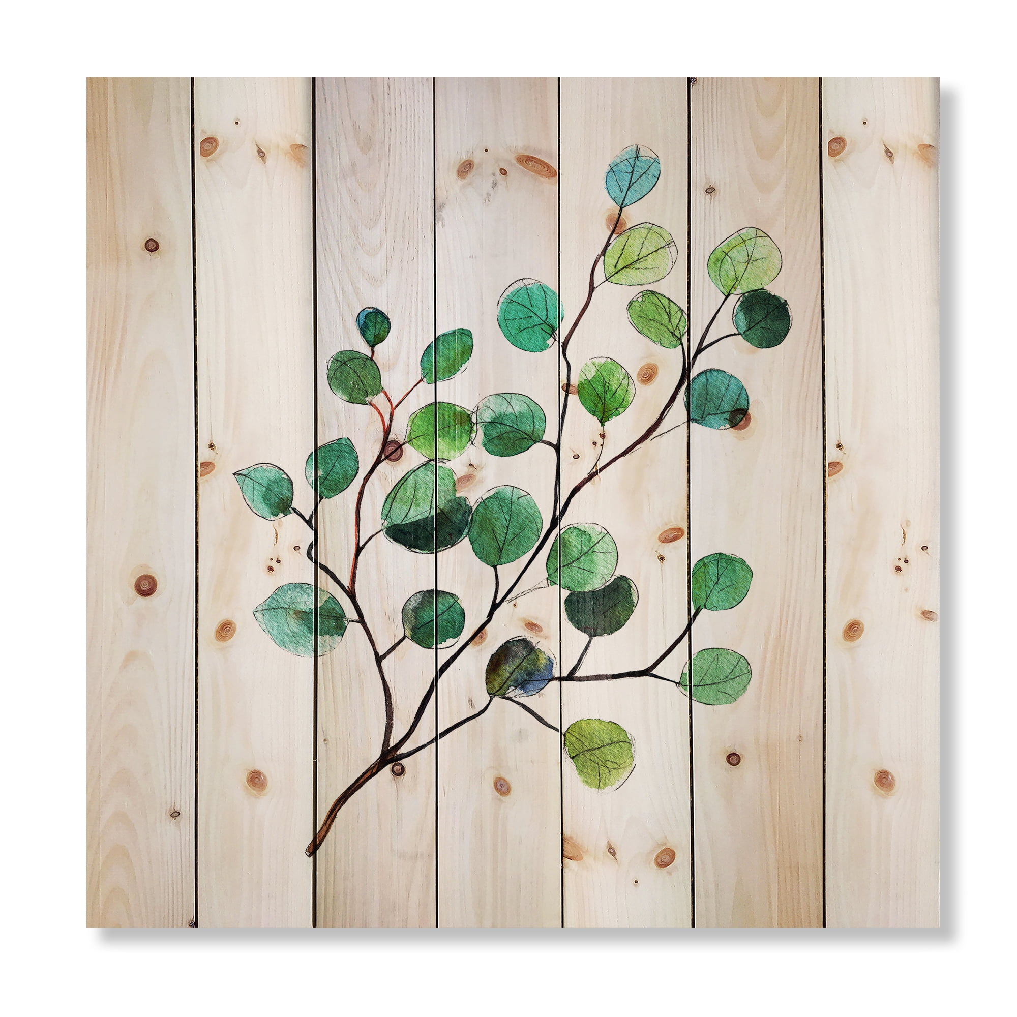 Designart 'Young Eucalyptus Branches and Leaves IV' Traditional Print on Natural Pine Wood