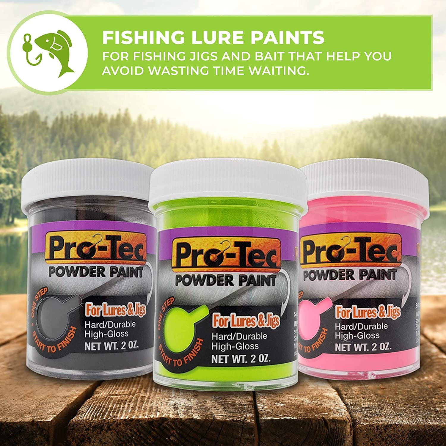 Lurwind Pro-Tec Jigs and Lures Powder Paint, Jig Head Powder Coat Paint for Baits and Jigs, Powder Coating Kit for Fishing Lures and Jig Heads, Black/Green Chartreuse/Hot Pink, 3 Pack, 2oz Jars