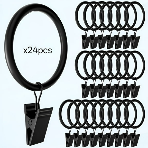 LAMIRO 24 Pack Curtain Rings with Clips,Heavy Duty Garment Clip,Tension Rod Hooks,Black Polish Curtain Hangers for Home Decor,2" Rust Eyelets Fits up to 1.5" Curtain Rods