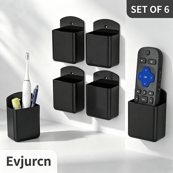 Evjurcn 6-Pack Remote Control Holder Wall Mount, Adhesive TV & AC Remote Organizer Storage Box for Home Office, Black