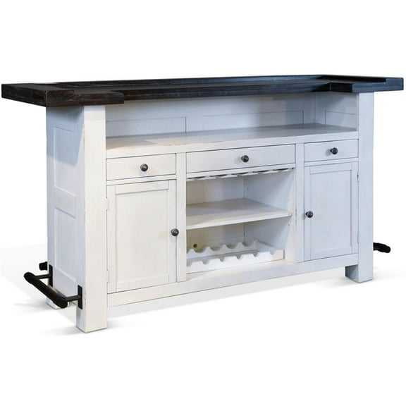 Maklaine 78" Farmhouse Wood Bar Unit in Dark Brown/White Finish