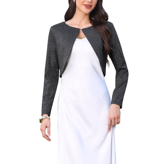 ABRIGO METÁLICO BRILLANTE INSPIRE CHIC para mujeres, con manga larga y cierre de un botón, cárdigan recortado brillante XS Negro