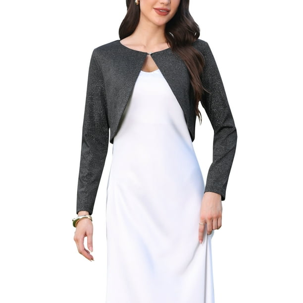 ABRIGO METÁLICO BRILLANTE INSPIRE CHIC para mujeres, con manga larga y cierre de un botón, cárdigan recortado brillante XS Negro