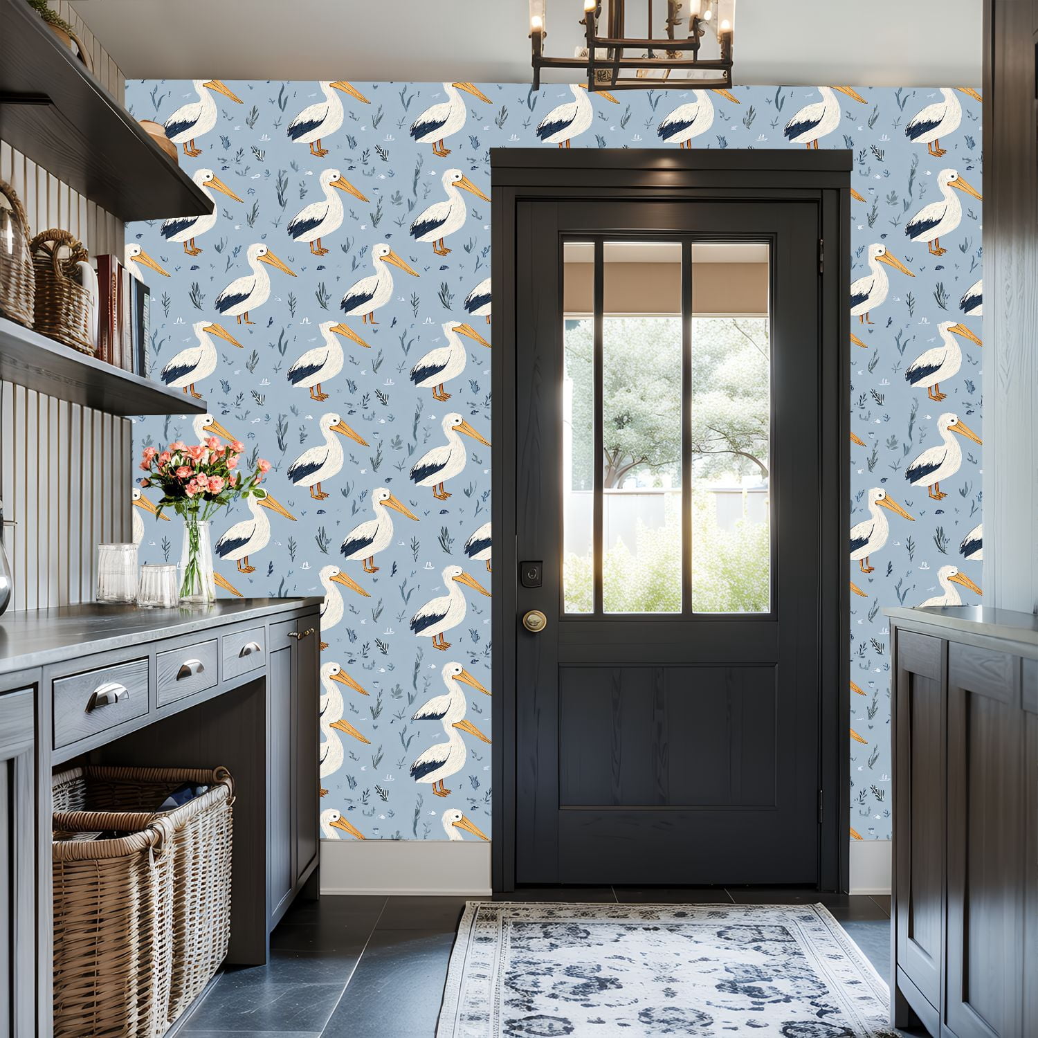 Peel and Stick Wallpaper 17.7in x 9.8ft Pelican Bird White Feathers Blue Contact Paper Vinyl Waterproof Self Adhesive Wall Paper for Bedroom Shelf Cabinet Renter Friendly