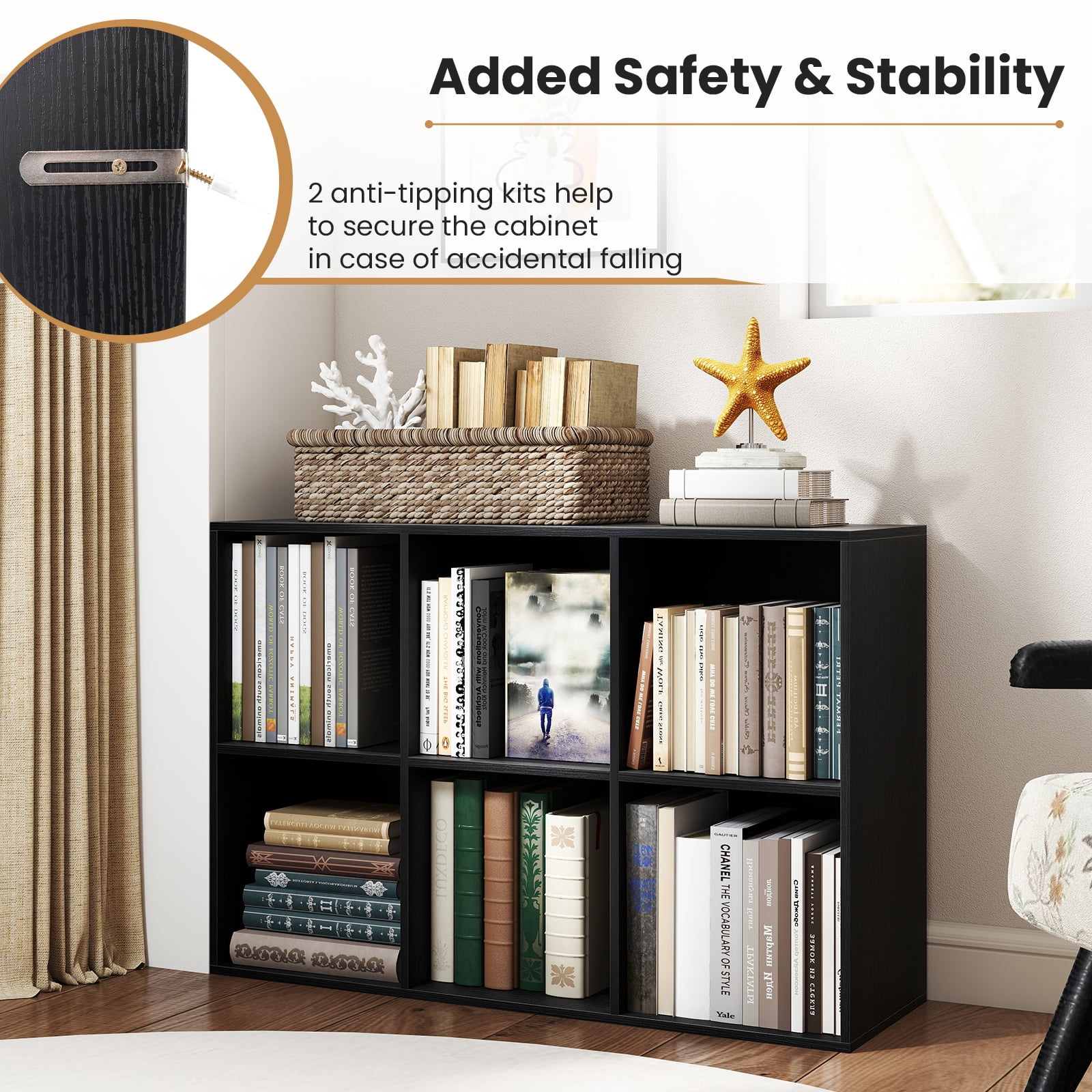 Costway 6-Cube Bookcase Modern 3-Tier Storage Organizer Horizontal Vertical Bookshelf Black