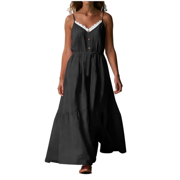 Kvture Women's Summer Lace Maxi Dress Spaghetti Strap Sleeveless High Waist Flowy Beach Vacation Long Sundresses Black
