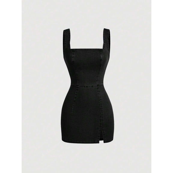 Black Square Neck Denim Bodycon Mini Dress