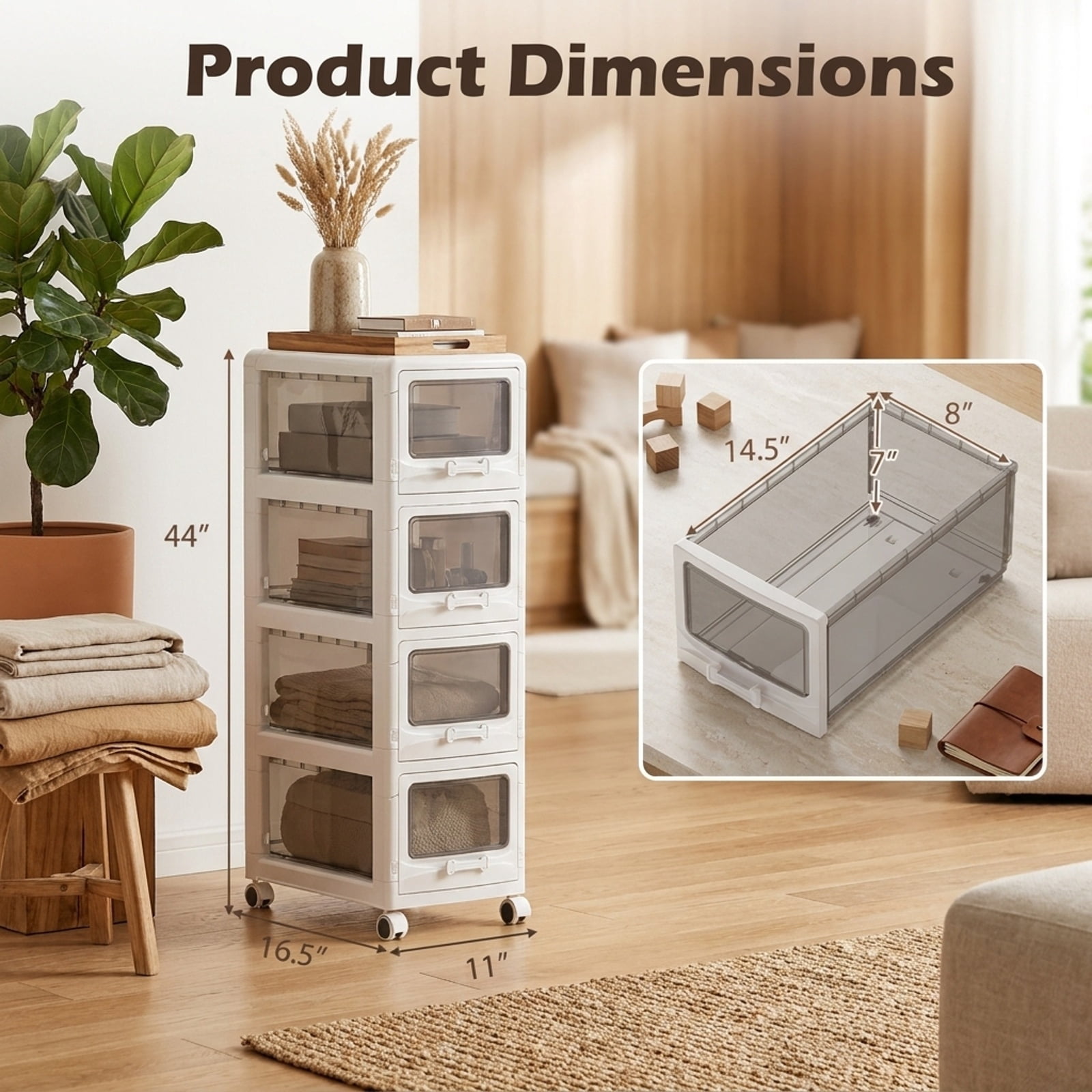 Furnibear 5-Tier Plastic Drawer Storage Organizer Rolling Cart with 3/4/5 Drawers and Lockable Wheels for Home Office Filing Document Letter, White
