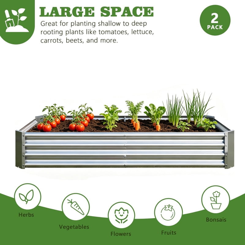 Galvanized Raised Garden Bed for Vegetables, 6×3×1ftPlanter Raised Garden Boxes Outdoor,Metal Raised Garden Beds Steel Kit for Vegetables Flower, 2PCS