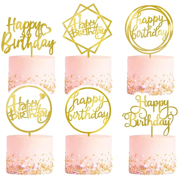 6-Pack Gold Cake Topper Set, Double-Sided Glitter, Acrylic Happy Birthday Cupcake Toppers, Birthday Decorations for Children or Adults.