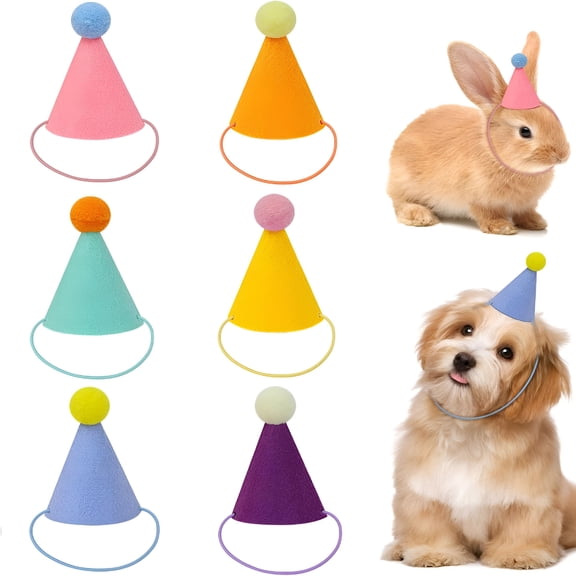 BESTSKY 6 Pcs Mini Party Hats for Stuffed Animals, Birthday Party Cone Hats Dolls Dog Cat Rabbit Puppies Assorted Animal Birthday Decorations