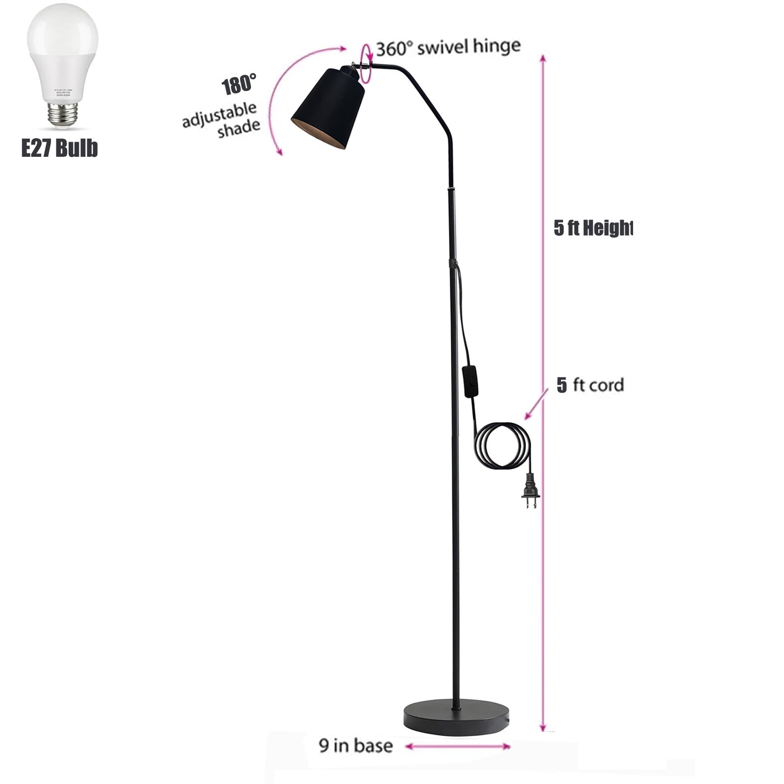 SUSUZI 60 inch Black Floor Lamp for Bedroom Living Room, Modern Dimmable Standing Lamps - Bulb Included