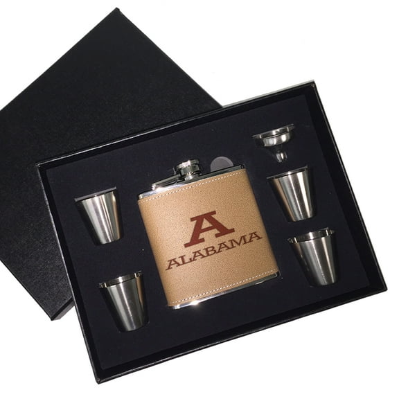 KuzmarK 6 oz. Leather Flask Set in Black Presentation Box - Alabama Alabama
