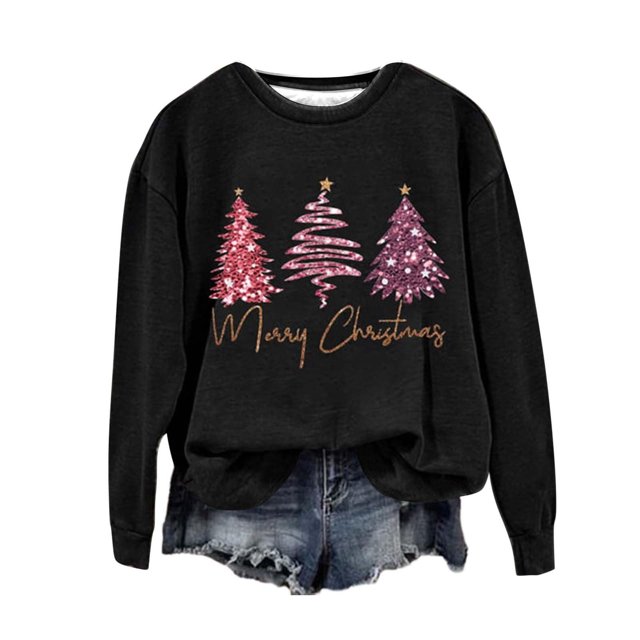 Staron Chandails en Molleton de Noël pour Femmes 2024 Col Rond Chandail en Molleton Imprimé de Noël Chandail Xmas Hauts Mode Chandails en Molleton Décontractés Col Rond Blouse Cadeau de Noël pour Maman