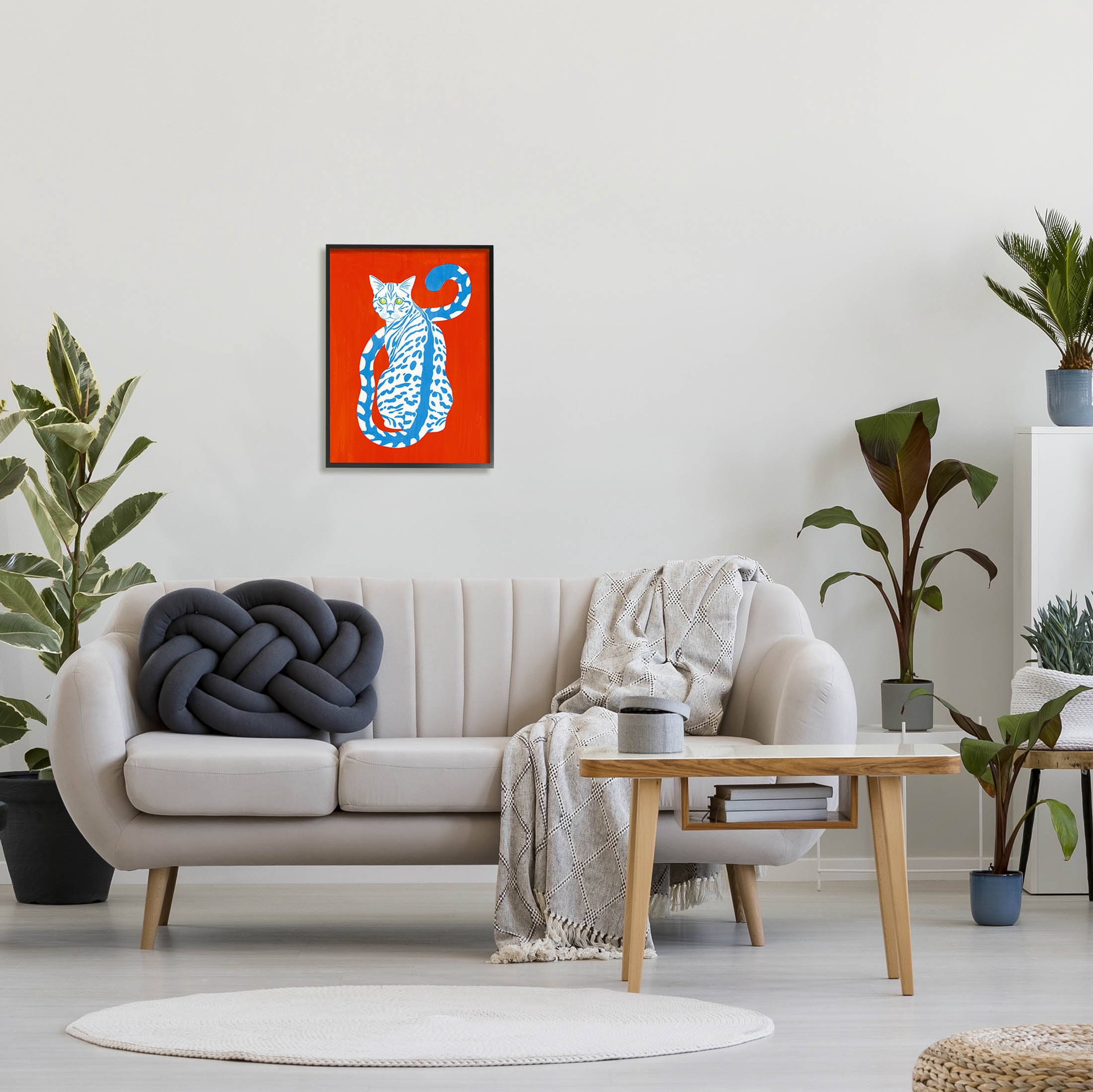 Stupell Industries Blue Gazing Cat Bold Modern Design Graphic Art Black Framed Art Print Wall Art, Design by Grace Popp