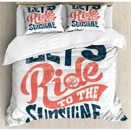 Motorcycle Duvet Cover Set Queen Size, Lets Ride to the Sunshine Summer Biker Quote Grunge Freedom Message, Decorative 3 Piece Bedding Set with 2 Pillow Shams, Dark Petrol Blue Coral, by