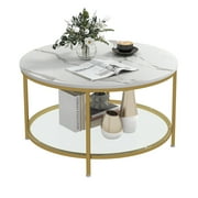 Dextrus 2-Tier Round Coffee Table Marble Center Cocktail Table with Storage Shelf, White & Gold