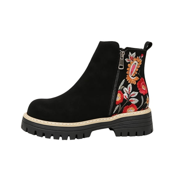 EKVAHL Women's Orthopedic Zipper Platform Booties, Suede Floral Embroidery Arch Support Short Boots, Lug Sole Retro Western Daily Walking Booties Black