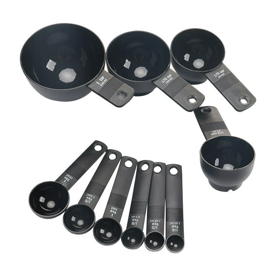 Plastic Measuring Cups and Spoons Set - 10 Pcs Black Kitchen Measuring Tool, Engraved Metric/US Markings Stackable Silicone Measure Cup for Liquid & Dry Measuring, Cooking & Baking, Black
