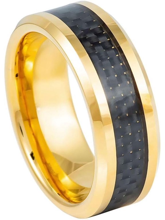 Ring for Men and Ladies ipauly inc Ring Yellow Gold Plated High Polish with Black Carbon Fiber Inlay Beveled Edge 8mm Wedding Band Ring Ideal Rings for Couples