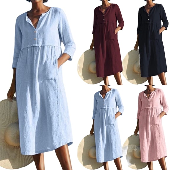 Women's Loose Fit Cotton Linen Midi Dress Round Neck Button Down 3/4 Sleeve Casual Vacation Outfit with Pockets Flowy Lightweight Party Wear Stylish Chic Solid Color Black L
