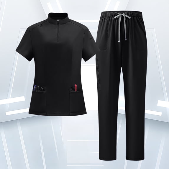 VV AVEORS Scrubs For Women Set-Zipper Collar Top & Drawstring Straight Pants Scrubs Set Medical Nursing Uniforms Black XL