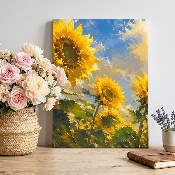Sunflower Canvas Wall Art, Rustic Floral Yellow Flower Sunlight Cloud Oil Painting Framed Picture Canvas Wall Art Print Decor Artwork Decorations for Living Room Bedroom Ready to Hang 18" x 12"