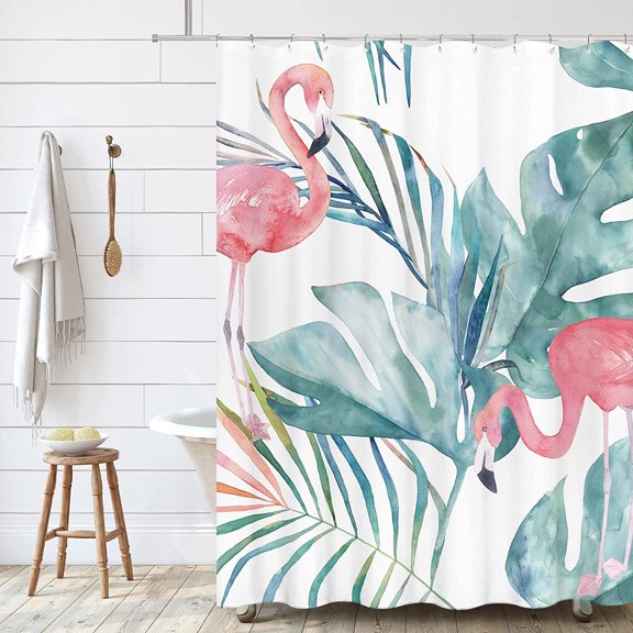 Tropical Pink Flamingo Shower Curtain with Hooks, Teal Palm Leaves Modern Style Waterproof Fabric Bathroom Decor Set 72X72 Inch