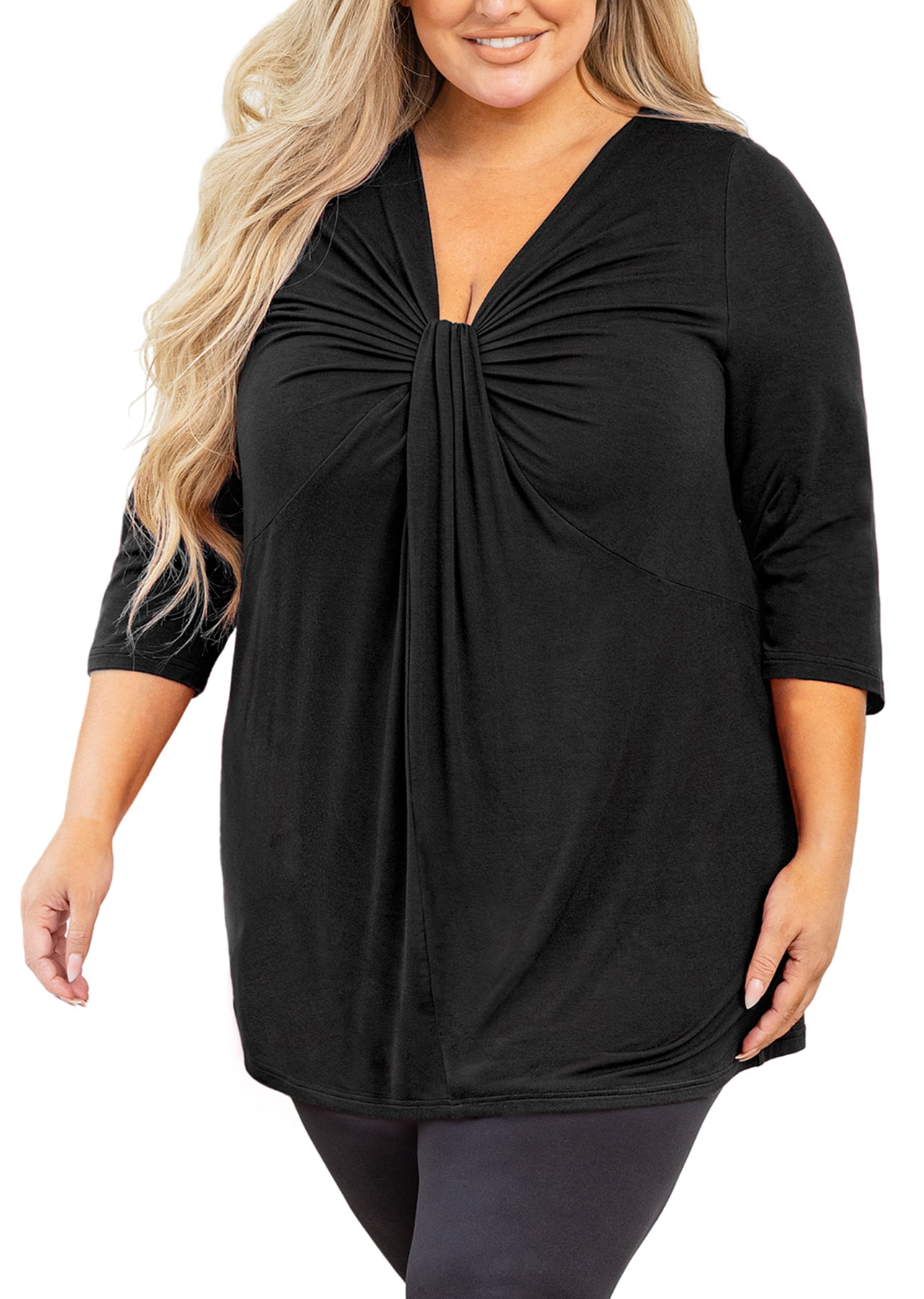POPYOUNG Women's Plus Tunic 3/4 Sleeve Twist Knot Front Top V Neck Loose Fitting Casual T-Shirt Black 10W -