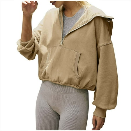Baqcunre Hoodies For Women Yoga Clothing Ladies Loose Zipper Hoodie Sweater European And American Sports Short Sweater Womens Fall Tops Crop Tops Khaki S