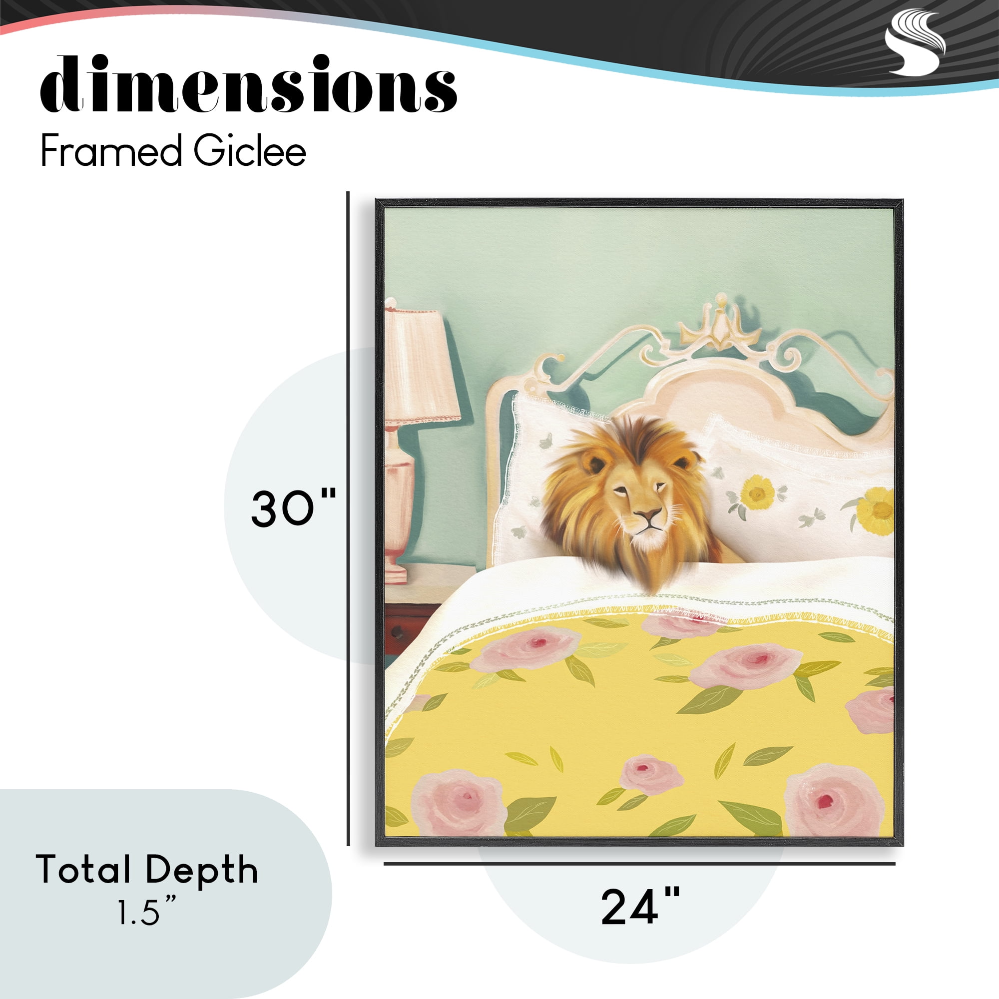 Good Morning Lion in Bed Black Framed Giclee Art, design by Leah Straatsma