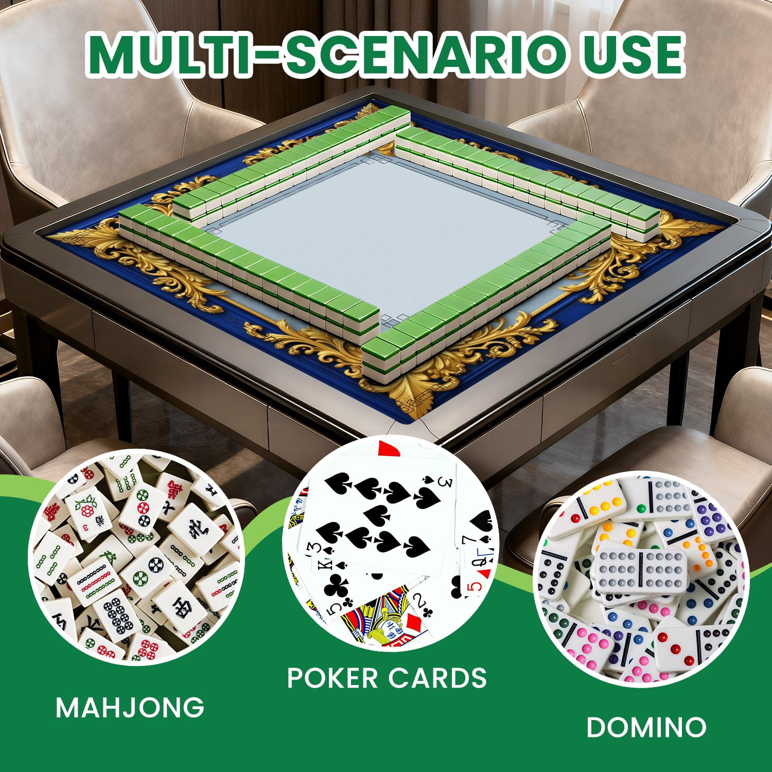 Mahjong Mat 31.5" x 31.5" Ornate Gold Floral Frame Royal Blue Non-Slip Noise Reduction American Mahjong Tiles Table Cover for Dominoes Poker Card Board Games Gift