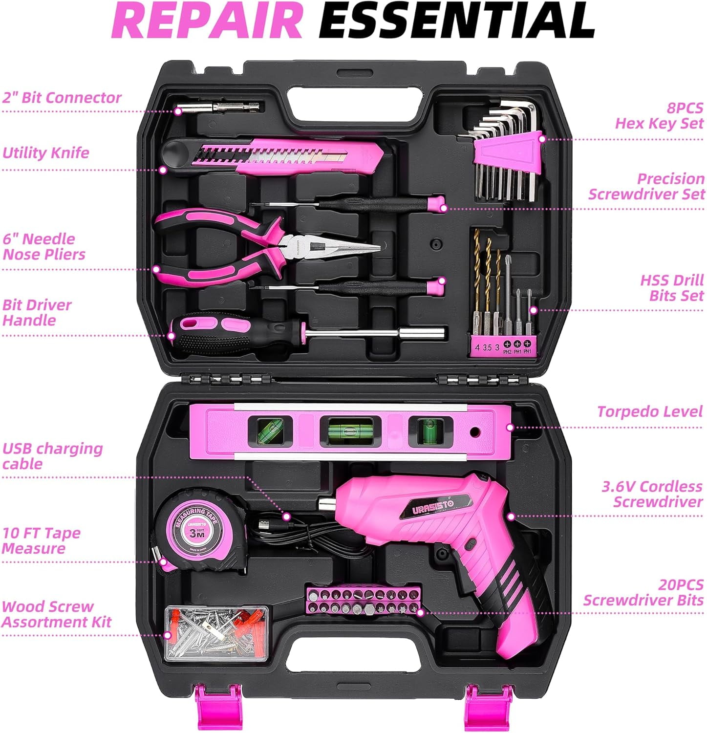 123-Piece Pink Household Tool Set with 3.6V USB Cordless Electric Drill, Lightweight, Portable