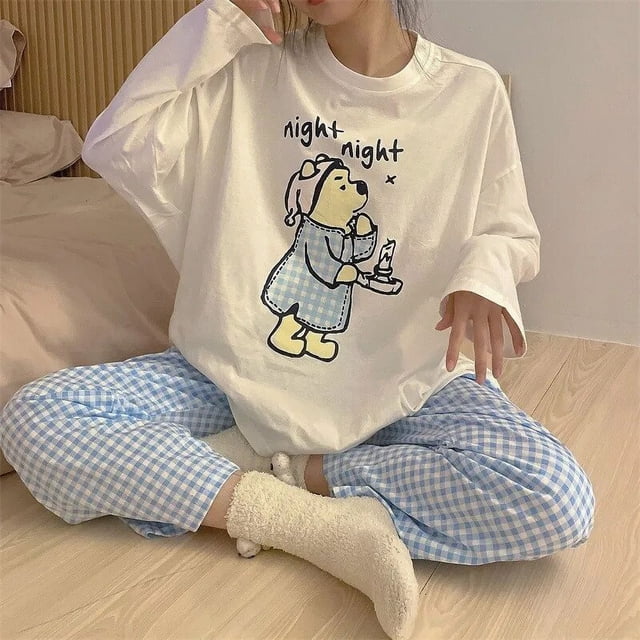 Disney-Conjunto de pijama de Winnie the Pooh para mujer, Top de manga larga y pantalones a cuadros, ropa de casa Kawaii informal, primavera y verano