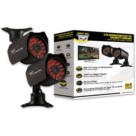 Night Owl Security CAM-2PK-624 2-Pack Hi-Resolution 600 TVL Security Cameras with 50-Feet of Night Vision (Black)