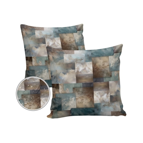 Pack of 2 Outdoor Pillow Covers, Marble Teal Brown Abstract Geometric Lines Waterproof Square Throw Pillowcase Cushion Decorative Pillow Covers for Couch Patio Tent, 16x16 in