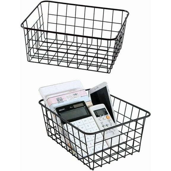 LQQBOX Black Wire Storage Baskets, Metal Household Storage Organizer for Kitchen，Pantry, Shelf, Freezer, Bathroom，Black 2 Pack