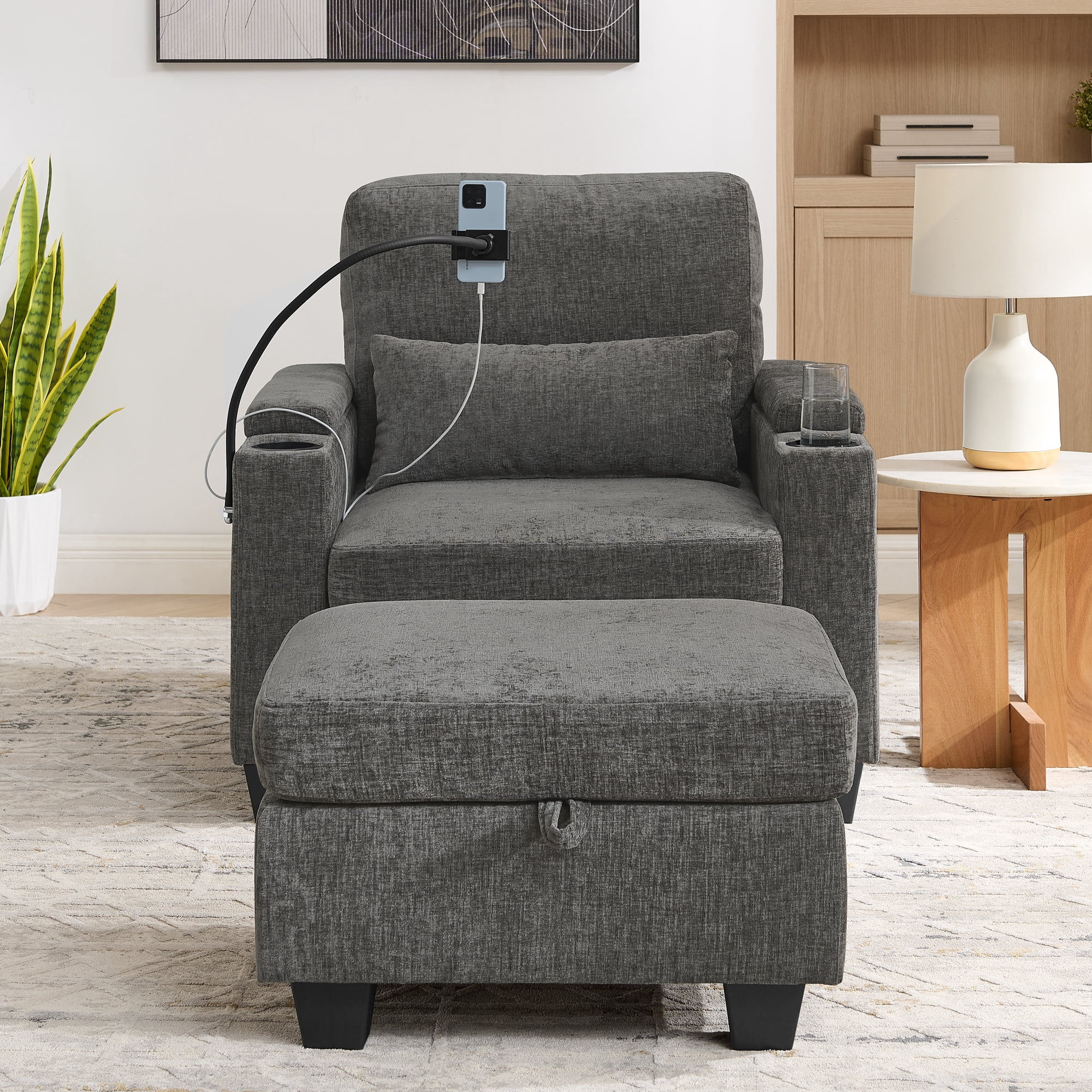 Recliner Chair with Adjustable Backrest, Cup Holders, USB Charging Port, Phone Stand, Arm Storage and Storage Ottoman