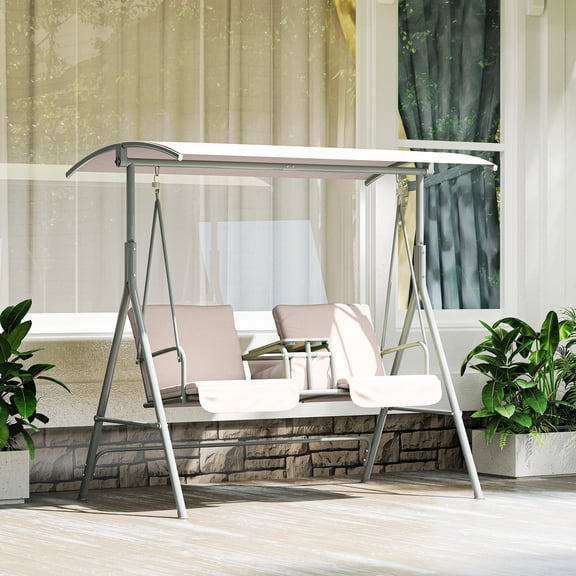 Outsunny 2 Person Porch Swing with Stand, Outdoor Swing with Canopy, Pivot Storage Table, 2 Cup Holders, Cushions for Patio, Backyard, Beige