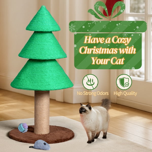 imerelez 31.5in Christmas Tree Cat Scratcher with Fleece Base, Large Sisal Scratching Post for Indoor Cats, Green Holiday Cat Scratch Tower