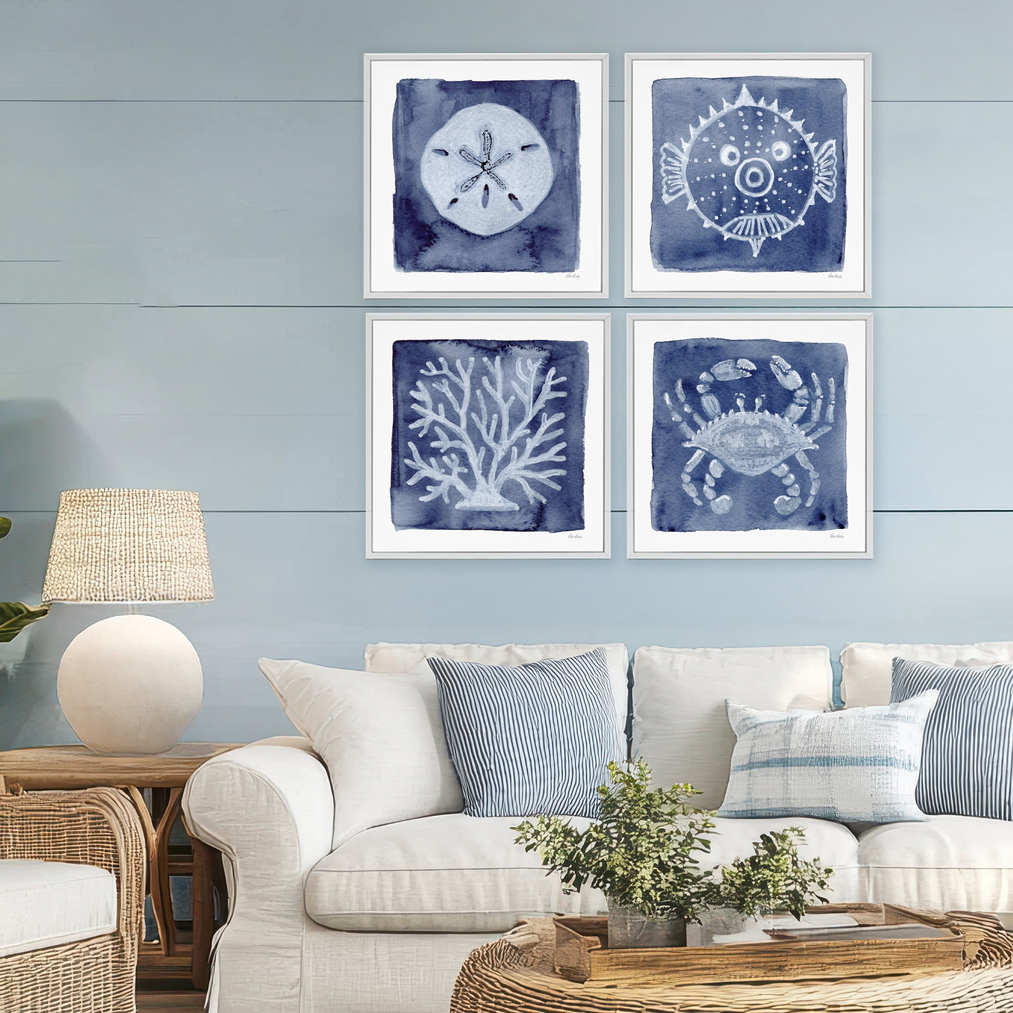 Stupell Industries Aquatic Creatures on Indigo 4 Piece White Framed Giclee Art Set, design by Patti Bishop