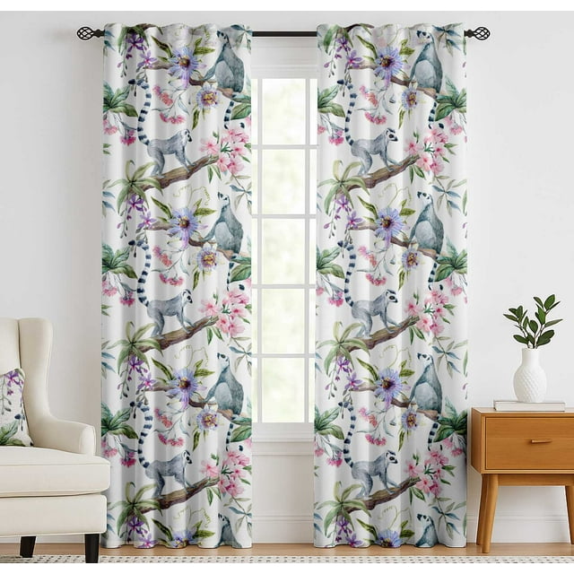 Vargottam Cotton Curtains for Windows - 3-in-1 Rod Pocket/Back Tab Short Window Drapes - Light Filtering Cotton Panels - Set of 2, 52"x63" - Animal & Bloom Pattern (Pink)