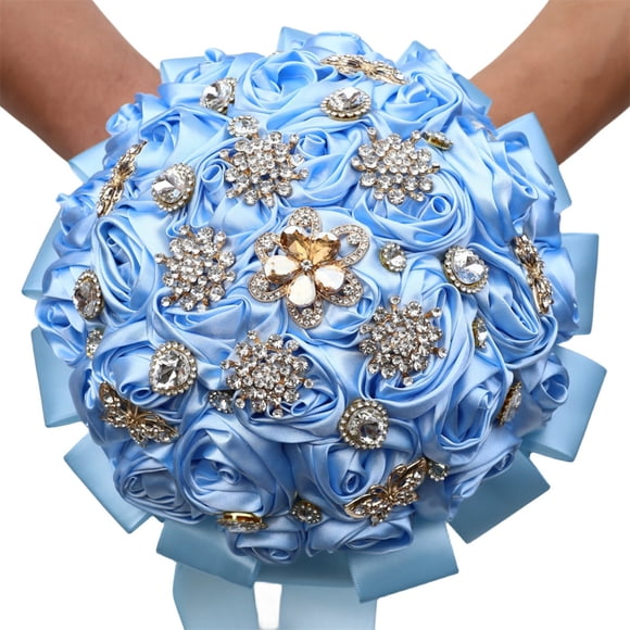 Namzi Handmade Luxury Wedding Bridal Bouquet Large Silk Rose Holding Toss Artificial Flowers Bouquets Bride Vintage Royal Wedding Bouquet (Blue)